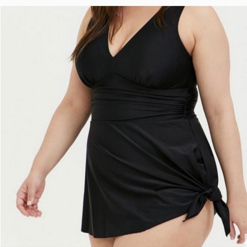 torrid Black V-Neck Swimdress with Side Tie